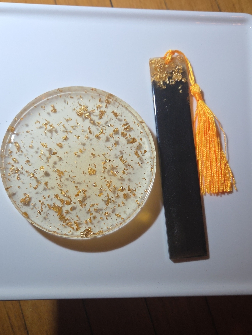 🌟Handmade-Handcrafted Gold Flake Resin Coaster and Black and Gold Bookmark Set